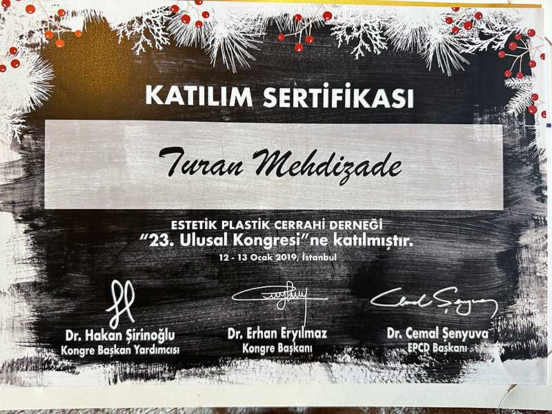 Dr. Turan Mehdizade Certificate