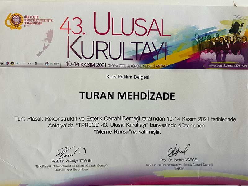 Dr. Turan Mehdizade Certificate