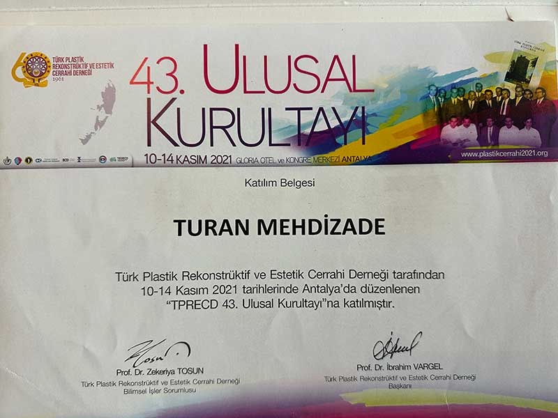 Dr. Turan Mehdizade Certificate