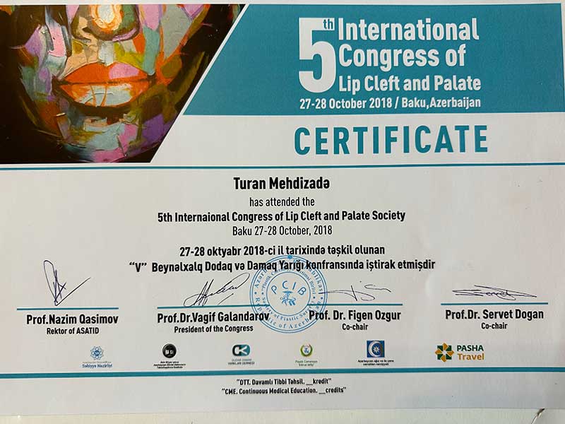 Dr. Turan Mehdizade Certificate